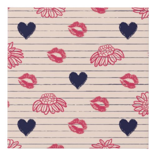 Red hearts lips daisies pattern faux canvas print