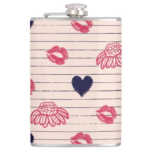 Red hearts lips daisies pattern flask