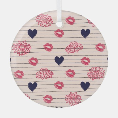 Red hearts lips daisies pattern glass ornament