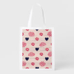 Red hearts, lips, daisies pattern. grocery bag