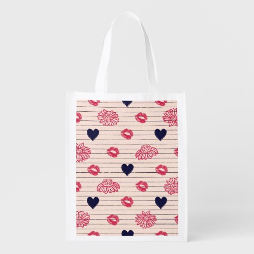 Red hearts lips daisies pattern grocery bag