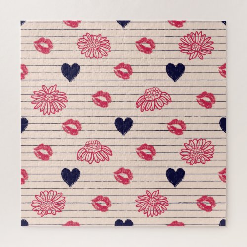 Red hearts lips daisies pattern jigsaw puzzle