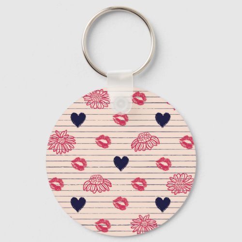 Red hearts lips daisies pattern keychain