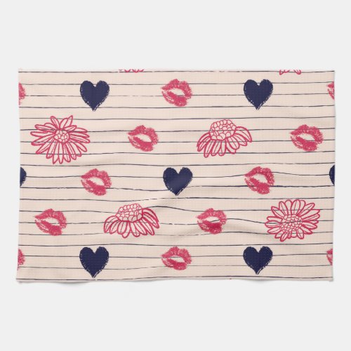 Red hearts lips daisies pattern kitchen towel