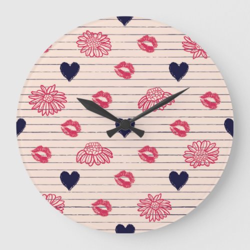 Red hearts lips daisies pattern large clock