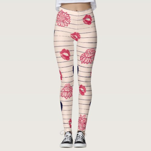 Red hearts lips daisies pattern leggings