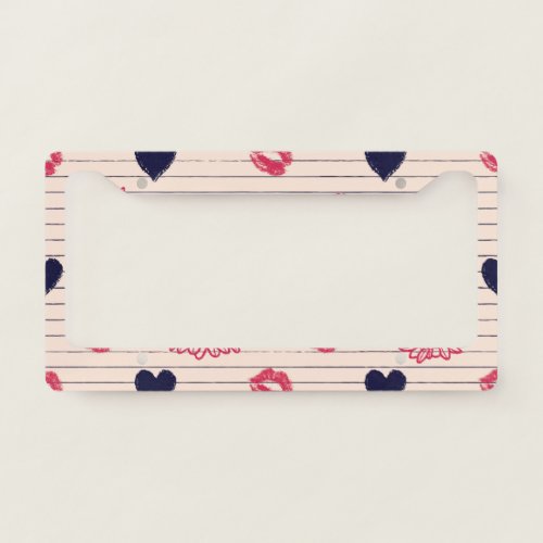 Red hearts lips daisies pattern license plate frame
