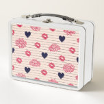 Red hearts, lips, daisies pattern. metal lunch box