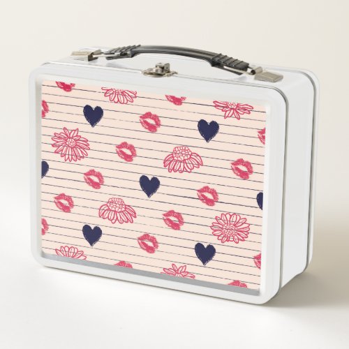 Red hearts lips daisies pattern metal lunch box