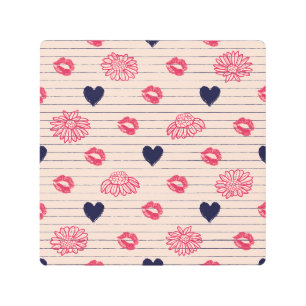 Red hearts, lips, daisies pattern. metal print