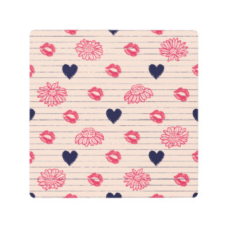 Red hearts, lips, daisies pattern. metal print