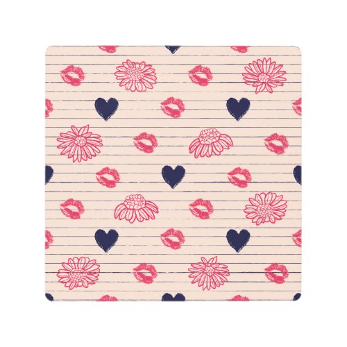 Red hearts lips daisies pattern metal print