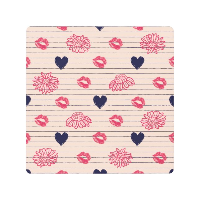 Red hearts, lips, daisies pattern. metal print (Front)