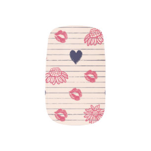 Red hearts, lips, daisies pattern. minx nail art