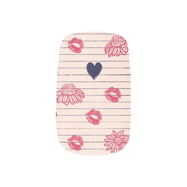Red hearts, lips, daisies pattern. minx nail art (Left Thumb)