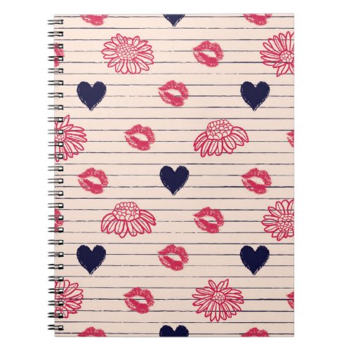 Red hearts lips daisies pattern notebook