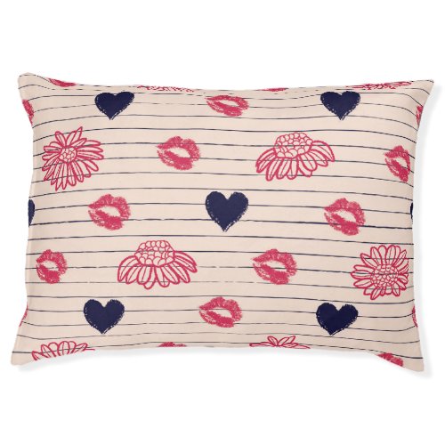 Red hearts lips daisies pattern pet bed