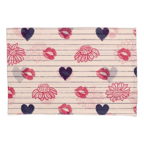 Red hearts lips daisies pattern pillow case