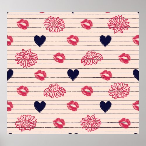 Red hearts lips daisies pattern poster