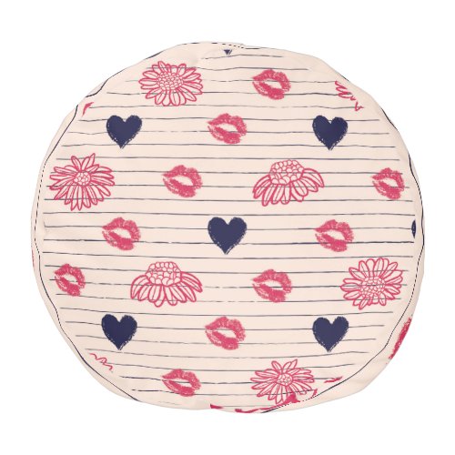 Red hearts lips daisies pattern pouf
