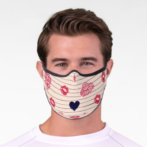 Red hearts lips daisies pattern premium face mask