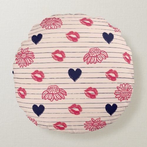 Red hearts lips daisies pattern round pillow