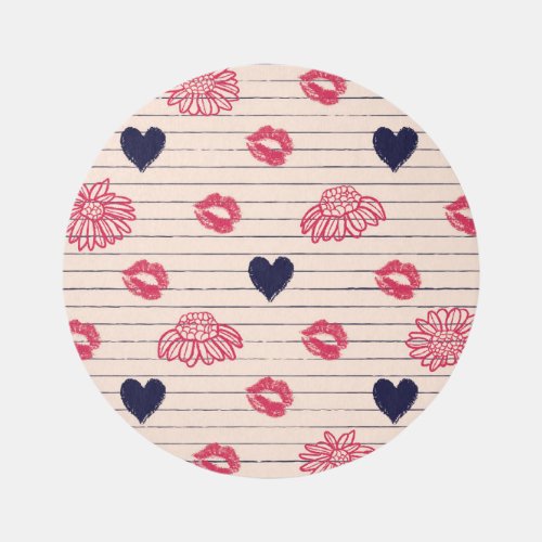 Red hearts lips daisies pattern rug
