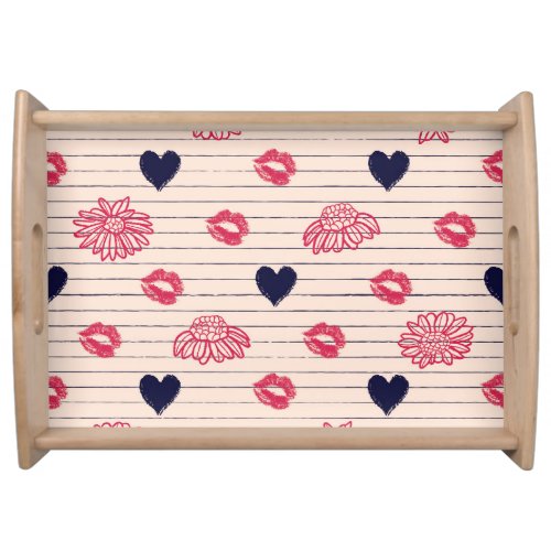 Red hearts lips daisies pattern serving tray