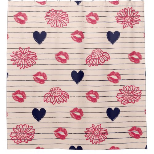 Red hearts lips daisies pattern shower curtain
