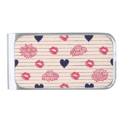 Red hearts lips daisies pattern silver finish money clip