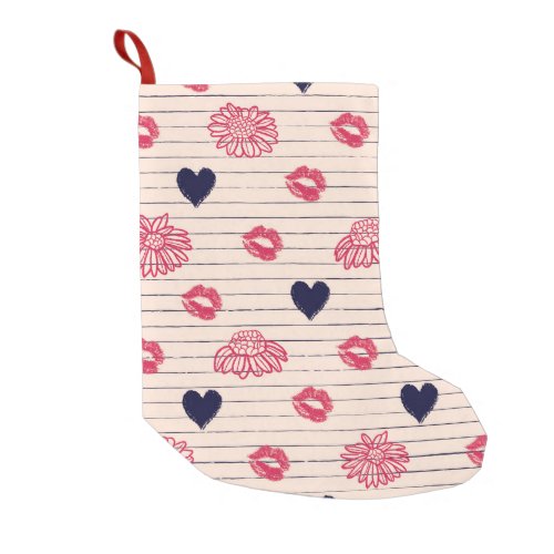 Red hearts lips daisies pattern small christmas stocking