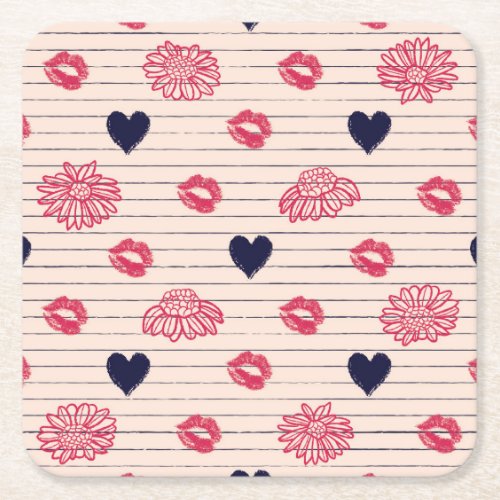 Red hearts lips daisies pattern square paper coaster