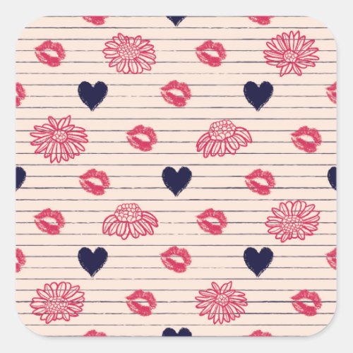 Red hearts lips daisies pattern square sticker