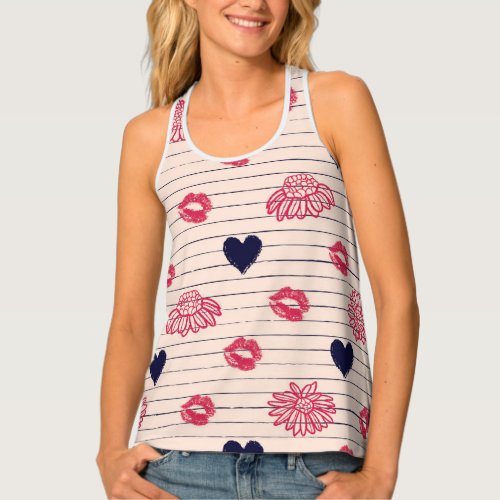 Red hearts lips daisies pattern tank top