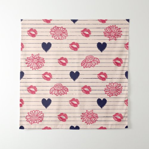 Red hearts lips daisies pattern tapestry