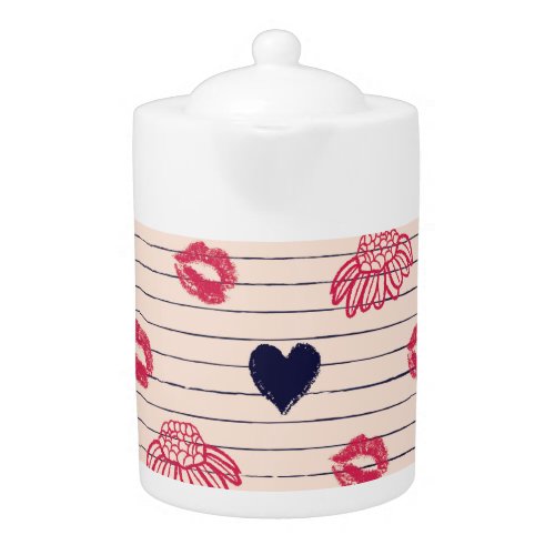 Red hearts lips daisies pattern teapot