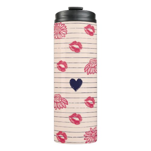 Red hearts lips daisies pattern thermal tumbler