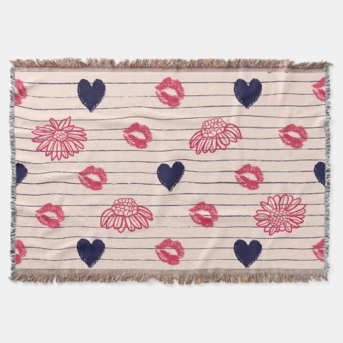 Red hearts lips daisies pattern throw blanket
