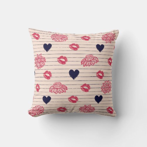 Red hearts lips daisies pattern throw pillow