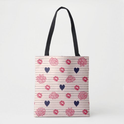 Red hearts lips daisies pattern tote bag