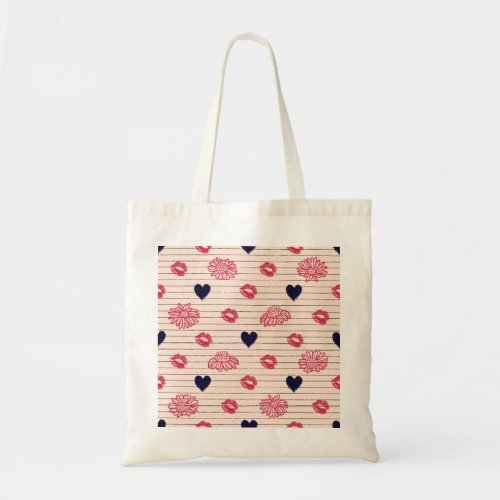 Red hearts lips daisies pattern tote bag
