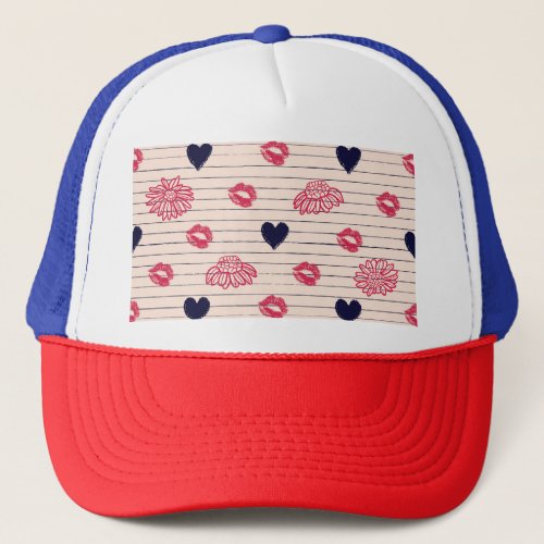 Red hearts lips daisies pattern trucker hat