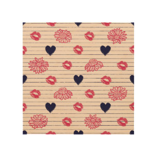 Red hearts, lips, daisies pattern. wood wall art