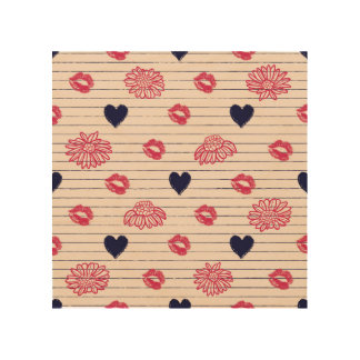 Red hearts, lips, daisies pattern. wood wall art
