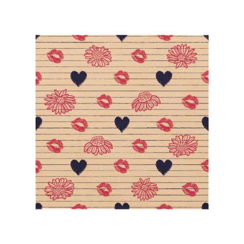 Red hearts lips daisies pattern wood wall art