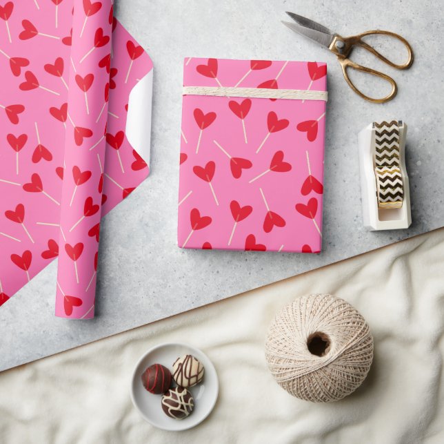Red Hearts Lollipops Love Valentine's Day Pink Wrapping Paper (Crafts)