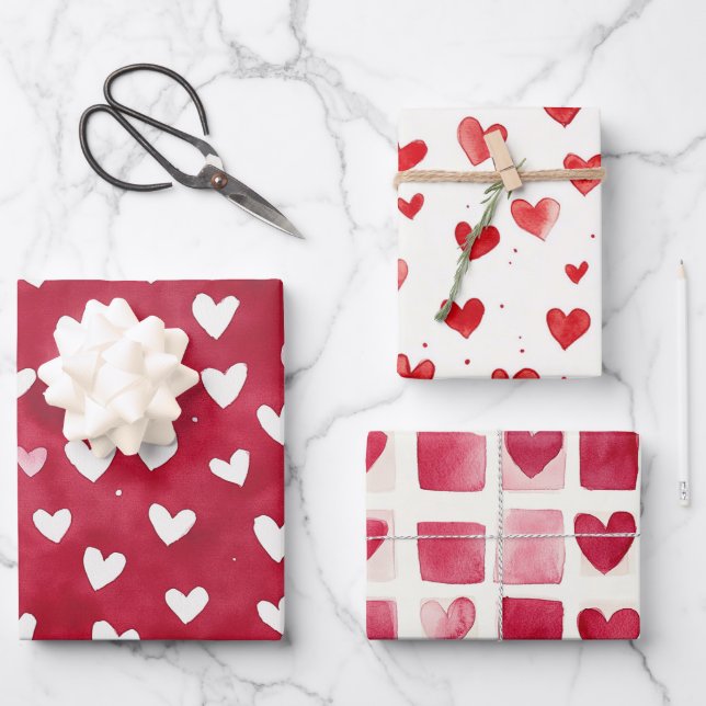 Red Hearts Love Valentine's Day Romance Wrapping Paper Sheets (Front)