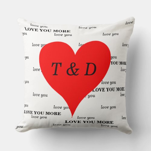 Red Hearts Love You More Monogram Throw Pillow