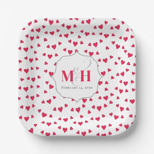 Red Hearts Monogram Calligraphy Script Ampersand Paper Plates