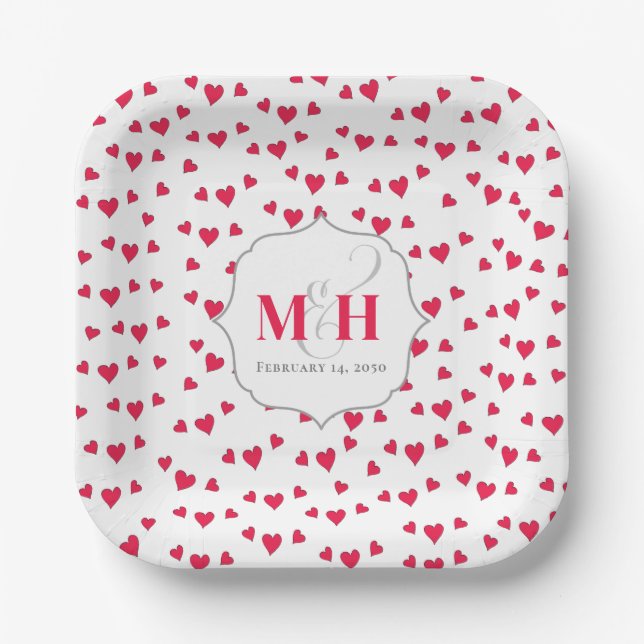 Red Hearts Monogram Calligraphy Script Ampersand Paper Plates (Front)